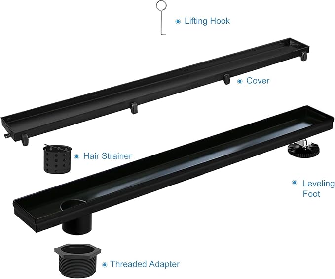 Offset Linear Shower Drain, Brushed 304 Stainless Steel Side Outlet Black Floor Drain with Hair Catcher and Adjustable Feet (48 inch)