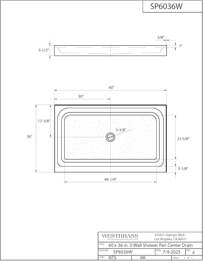 Westbrass SP6036WP-62 60" x 36" 3-Wall Shower Pan with Plastic Center Drain and 4-1/4" Cross Grid Brass Drain Cover, Matte Black