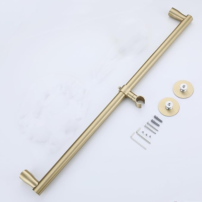 RRAJJ Shower Slide bar That is Installed by pasting or Punching Holes，Adjustable Height 28 inch of All SUS304 Stainless Steel Shower Head Holder(All Stainless Steel-Brushed Gold)