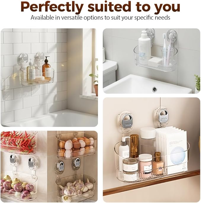 No-Drill Bathroom Suction Storage Box, Corrugated Suction Cup Storage Holder, Removable Hanging Basket, No Drilling Shelves Caddy, Ripple Acrylic Wall Shelf (Transparent)