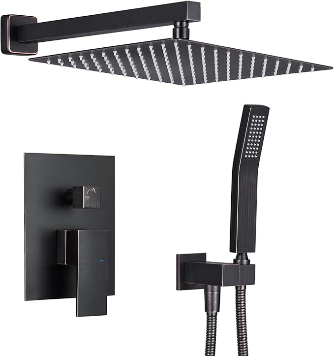 Rain Shower System 12 Inches Shower Combo Set Oil Rubbed Bronze Wall Mount Faucet Bathroom Faucets with Rainfall Shower Head and Hand Shower