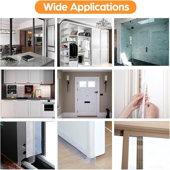 33.5 Ft Weather Stripping Seal Strip, Silicone Draft Stopper, Self Adhesive Shower Door Bottom Seal and Insulation Strip for Frame Windows and Glass Gaps (Transparent, 25+25mm)