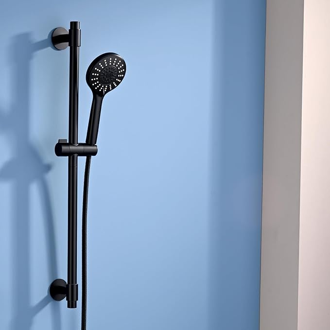 Adjustable Shower Slide Bar with 5-Function Handheld Shower Head, Stainless Steel Drill-free Mounted Slide Bar Combo with Extra Hose (Matte Black)