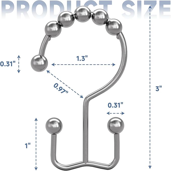 Titanker Shower Curtain Hooks Rings, Rust Resistant Metal Double Glide Shower Hooks Rings for Bathroom Shower Rods Curtains, Set of 24 Hooks - Chrome