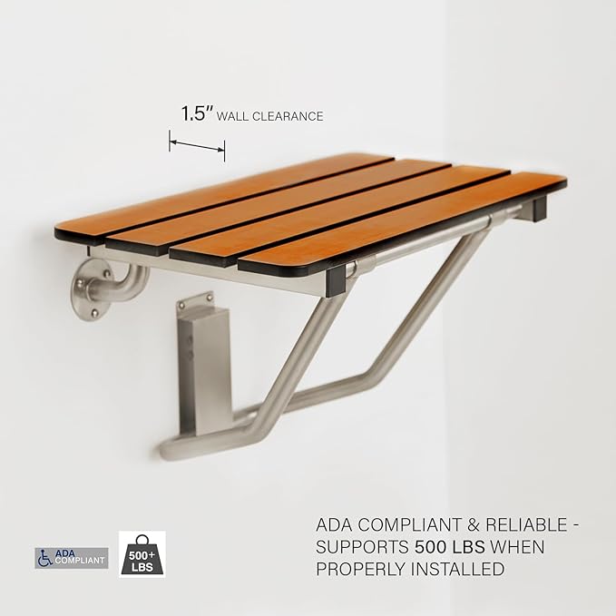 Seachrome 28-inch x 15-inch in ADA Folding Wall Mount Bathroom Shower Seat Bench, Teak Phenolic Seat