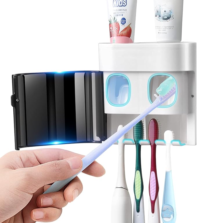 Toothbrush Holder Toothpaste Dispenser Wall Mounted with Cover, 4 Slots Tooth Brush Storage Organizer with Automatic Kids Toothpaste Squeezers for Shower Bathroom Black