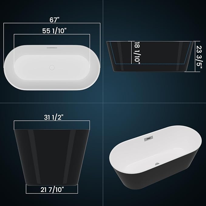 Freestanding Bathtub – Acrylic Extra Large Soaking Bathtub, 67 Inch Modern Free Standing Tub with Chrome Drain & Overflow, Black & White Freestanding Tub for Home Spa Upgrade