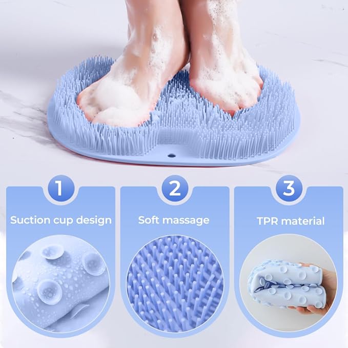 Shower Foot Scrubber Mat with Non-Slip Suction Cups, Non Slip Bathtub and Shower Mat with Suction Cups and Drain Holes, Foot Back Cleaning Pad Back Washer Exfoliating Bath Wash Pad (Orange)