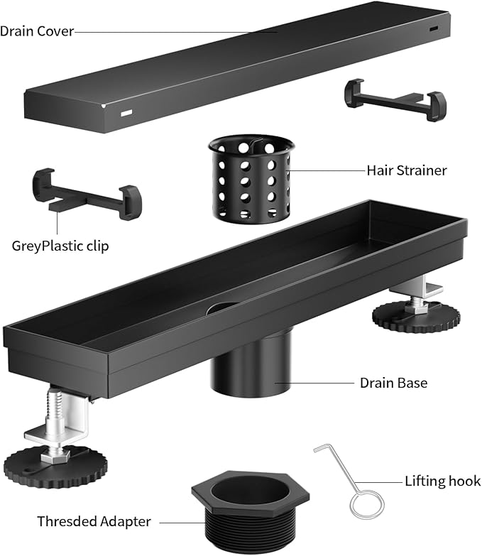 Linear Shower Drain, 304 Stainless Steel with Adjustable Leveling Feet, Hair Strainer,Reversely Install Place to Create an Invisible Floor Drain- Black -12-Inch