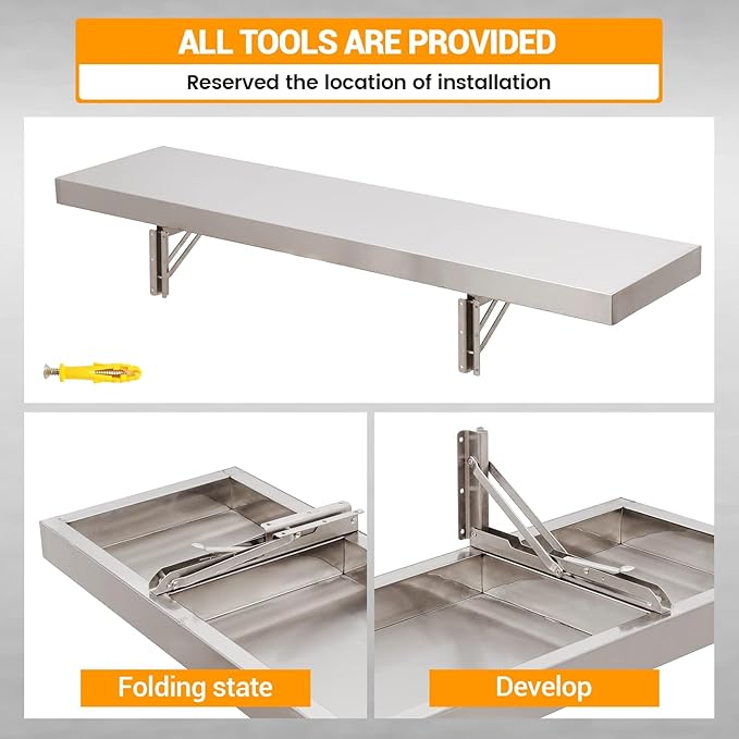 Stainless Steel Folding Concession Shelf 12" x 96" (2 Pack 12" x 48"), Drop Down Folding Wall Shelves, Heavy Duty Foldable Wall Mount Shelving for Concession Windows, Food Truck