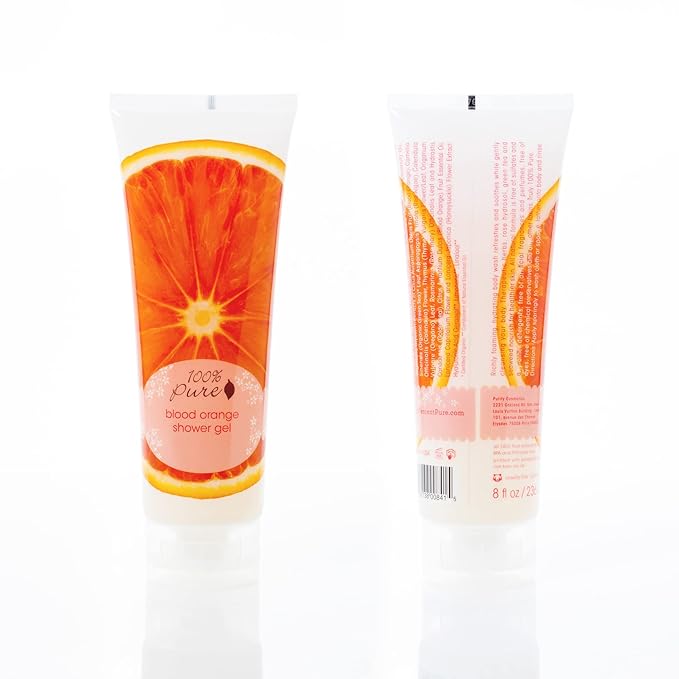 100% PURE Blood Orange Shower Gel Natural Foaming & Hydrating Body Wash - Deeply Moisturizing Gentle Soap Cleanser for All Skin Types, Even Sensitive - Gluten-Free - 8 Fl Oz