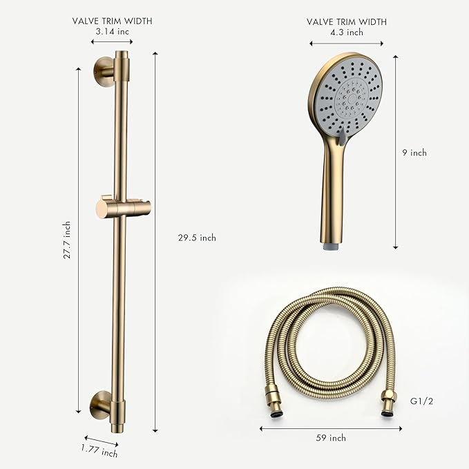 Adjustable Shower Slide Bar with 5-Function Handheld Shower Head, Stainless Steel Drill-free Mounted Slide Bar Combo with Extra Hose (Brushed Gold)