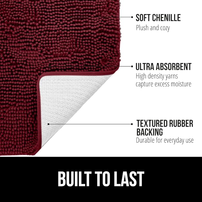 GORILLA GRIP Bath Rug Mat, Soft Absorbent Chenille, Quick Dry Microfiber Mats, Rubber Backing Washable Shower Floor Rugs, Bathmat Runner, US Designed Bathroom Home Decor Accessories 24x17, Burgundy