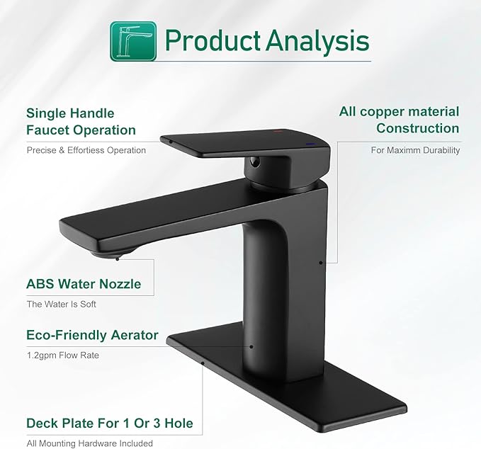 VOTON Matte Black Bathroom Faucet 1 Hole, Single Handle Bathroom Sink Faucets for 1 or 3 Hole with Supply Deck Plate and Hose, Basin, Rv, Lavatory Sink