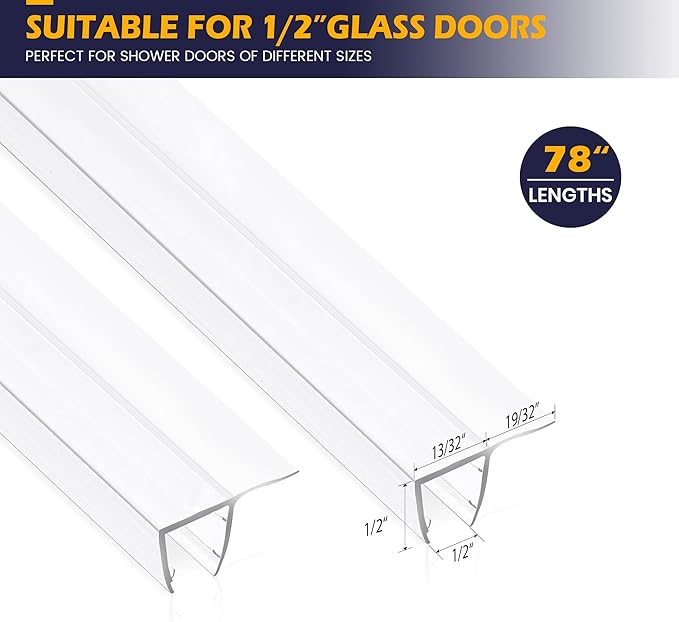Bathroom Shower Glass Door Side Seal Strip, 2PCS 78 Inch Long Clear PVC Seal Strips for 1/2"(12mm) Thick Framless Glass Door Panel