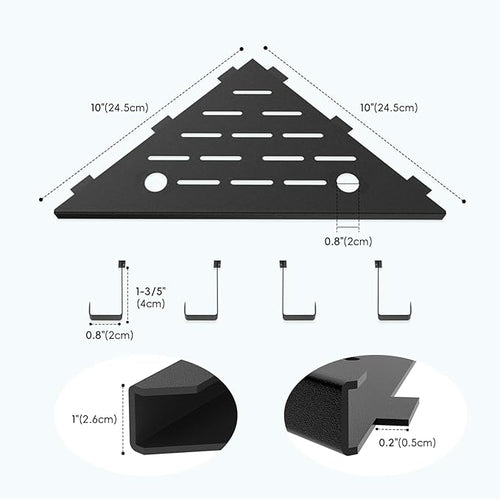 10’’ Shower Corner Shelf, Stainless Steel Shower Shelves with Razor Hole for Bathroom, Grout in Corner Shelf with Hooks for Tiled Wall 2 Pack, Matte Black