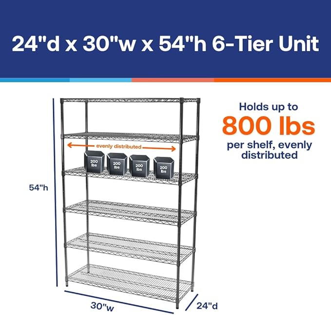 Shelving Inc. 24" d x 30" w x 54" h Chrome Wire Shelving with 6 Tier Shelves, Weight Capacity 800lbs Per Shelf