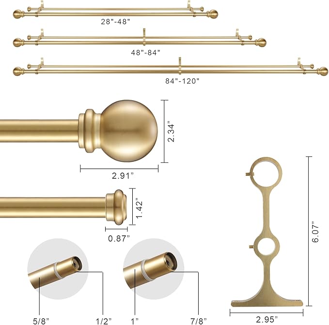 Double Curtain Rod, Adjustable 1 inch Double Drapery Rod Rods for Windows 28 to 48 inch,Ball Round Finials with Brackets Set (28-48",Gold)