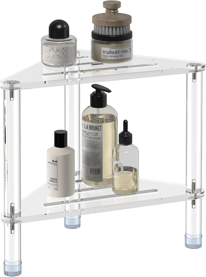 Acrylic Corner Shower Stool for Shaving Legs 11.42" D X 11.42" W X 14.37" H, Triangle Shower Foot Rest with Storage Shelf, Heavy Duty, for Inside Shower,