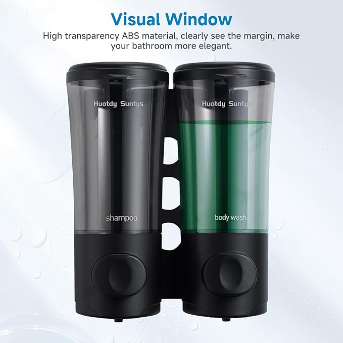 Shampoo and Conditioner Dispenser No Drill Shower Soap Dispenser Wall Mounted Shower Dispenser 2 Chamber with Upgrade Smooth Pump Head Bathroom Body Wash Soap Dispenser Set 450ml*2 Black