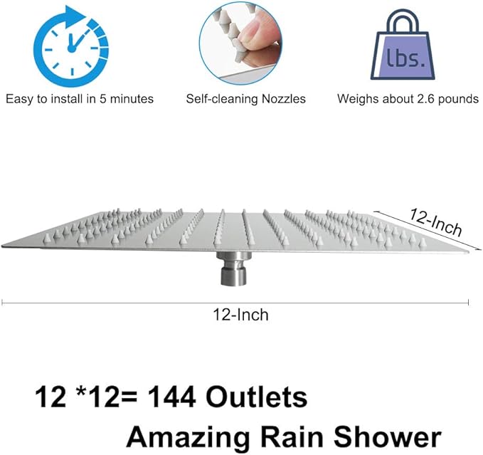 NearMoon Square Rain Shower Head With Extension Arm, Large Stainless Steel Rainfall Shower-Waterfall Full Body Coverage (12 Inch, Nickel)