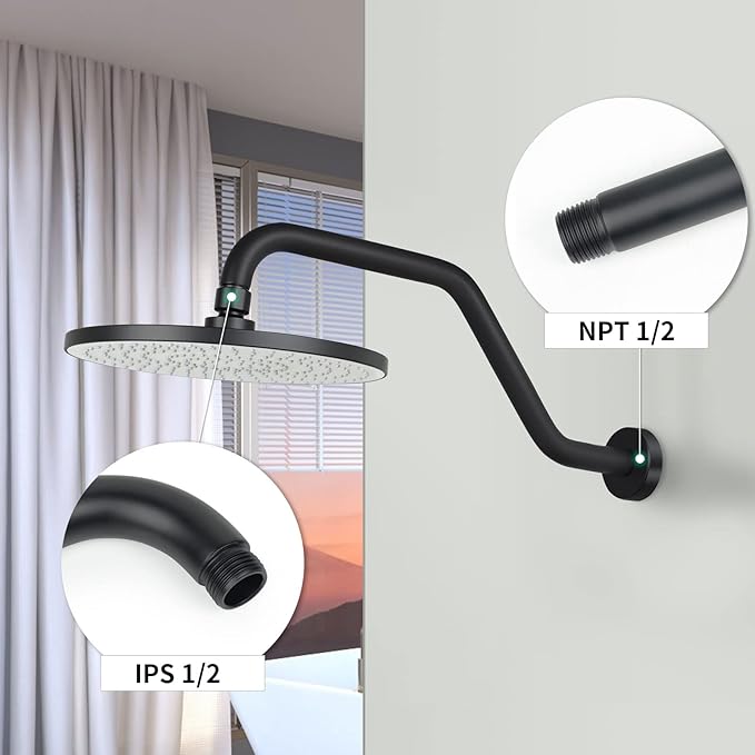 S Shape Shower Arm with Flange,High Rise Shower Head Extension Arm,Stainless Steel 15.5 Inch Shower Arm Extension,Matte Black,9Z3MK