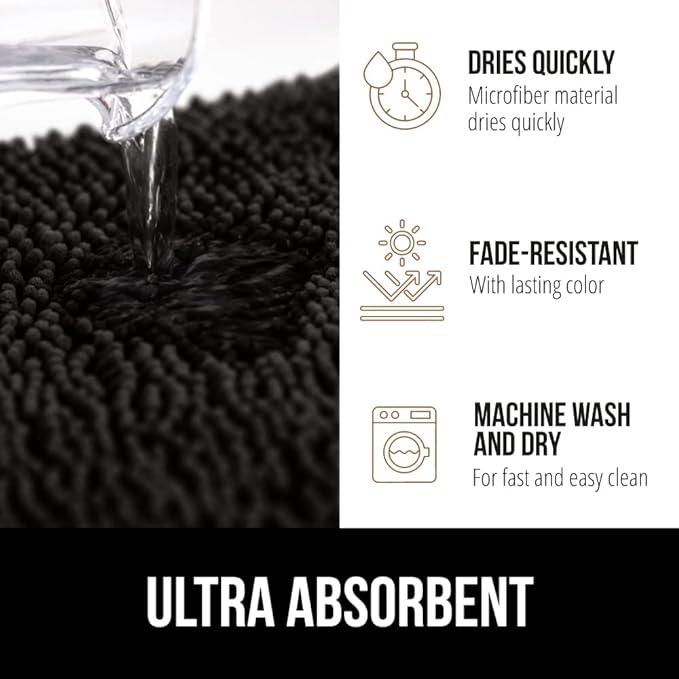 GORILLA GRIP Bathroom Rug Sets, Soft Chenille 2 Piece Area Rugs Set, Toilet Base Mat and 30x20 Carpet, Absorbent Microfiber Washable Mats Dry Quickly, Home Décor and Bath Room Accessories, Black