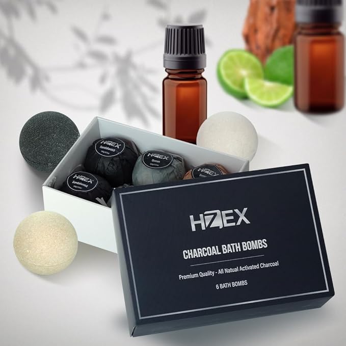 Charcoal Bath Bombs Gift Set – 6 Piece Natural Spa Fizzies with Essential Oils – Handmade Organic Moisturizing Vegan Bath Bombs for Relaxation, Detox, Stress Relief – Gifts for Men & Women