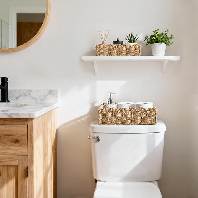 Dahey 2 Pcs Woven Paper Rope Toilet Paper Storage Basket for Over Toilet Storage Shelf Scalloped Edge Toilet Tank Basket with Handles for Organizing, Bathroom Countertop Living Room Bedroom Home Decor