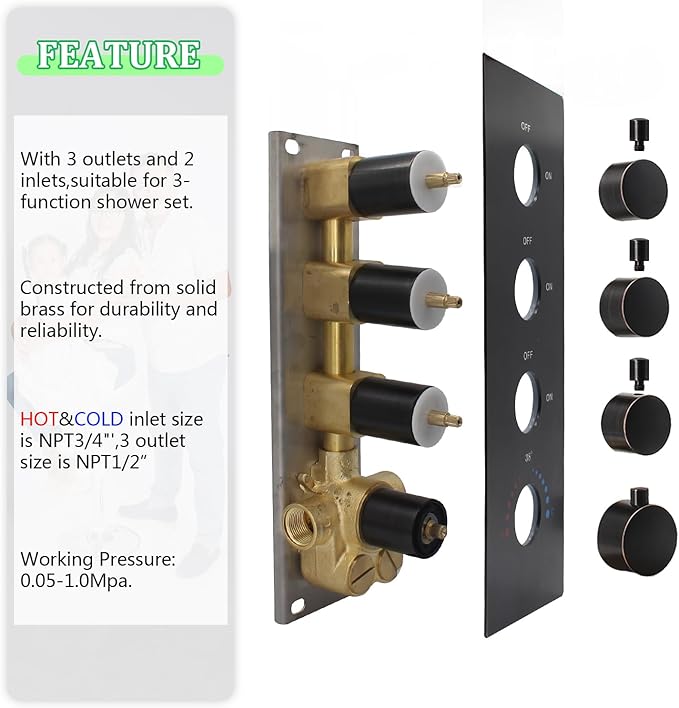 HOMEDEC Oil Rubbed Bronze 3 Way Shower Diverter Valve Brass Three Functions Thermostatic Shower Mixing Valve Kit 3 Handle Flow Control Valve