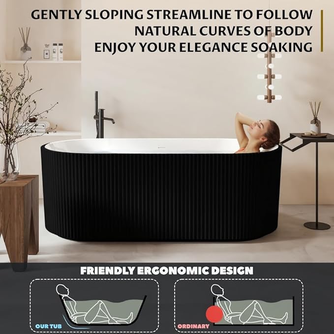 67 Inch Acrylic Freestanding Bathtub – Stripe Design, Free Standing Soaking Tub with Overflow & Pop-Up Drain, Black Exterior White Interior, Stand Alone Tub for Contemporary Bathrooms