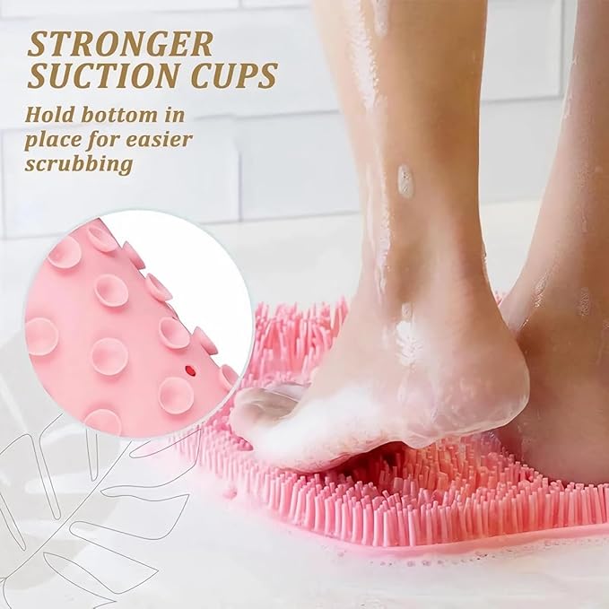 Shower Foot & Back Scrubber, Massage Pad with Suction Cups & Pumice Stone, Multi-Surface Silicone Bath Mat for Exfoliating and Massaging in Shower or Bathtub, 9.8x11.8 Inch (Beige)