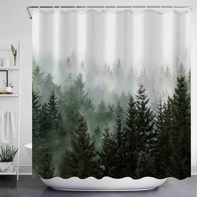 Aipon Green Misty Forest Shower Curtain Nature Tree Shower Curtain Set Dark Green Fabric Waterproof Shower Curtains for Bathroom Decor with 12 Hooks (72'' × 78'', Green4)