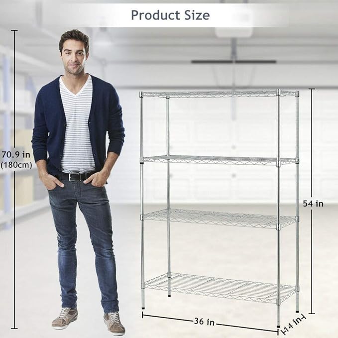 BestOffice | 4-Tier Wire Storage Shelves | 36x14x54 | Chrome | with Adjustable Racks | Heavy-Duty Metal Shelf, Holds Upto 1000 lbs | No-Tool Assembly | Ideal for Home & Garage Shelving