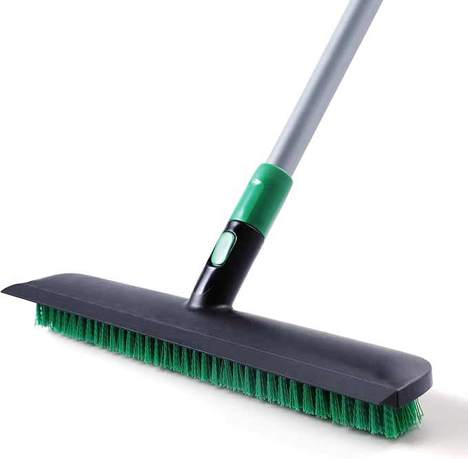 Eyliden X-Large Floor Scrub Brush, 2 in 1 Scrape Brushes with Rubber Squeegee | 55.3" Long Handle, 15" Wide Stiff Bristle Head | Floor Scrubber for Deck Kitchen Shower Bathroom Tub Tile Patio Wall