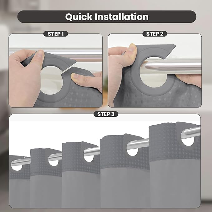 Inhousolu Long No Hook Shower Curtain with Snap in Fabric Liner Set Waffle Weave 230GSM Weighted Hem, Waterproof & Washable Bathroom Curtain Spa Luxury with Mesh Top Window 72" W x 78" L Grey