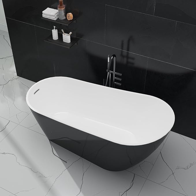 Acrylic Freestanding Bathtub, Soaking Tub, Deep Upright Bathtub with Built-in Drain and Overflow, Contemporary Free Standing, Black Elegant Finish, 67inch