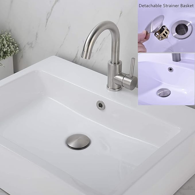 Bathroom Sink Drain,5 Pack Drain Stopper Bathroom Sink with Overflow,Pop Up Drain Assembly with Detachable Strainer Basket,Built-in Anti-Clogging Strainer,Stainless Steel Brushed Nickel