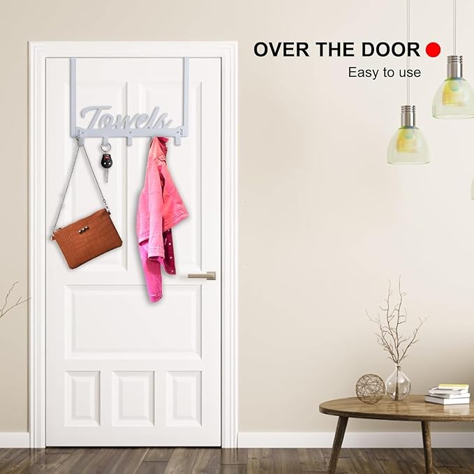 Over The Door Hooks, Towel Rack for Bathroom Towel Holder for Hanging Heavy Duty, Over Door Towel Hanger with 7 Coat Hooks for Bedroom Bathroom Kitchen Towels, Silver