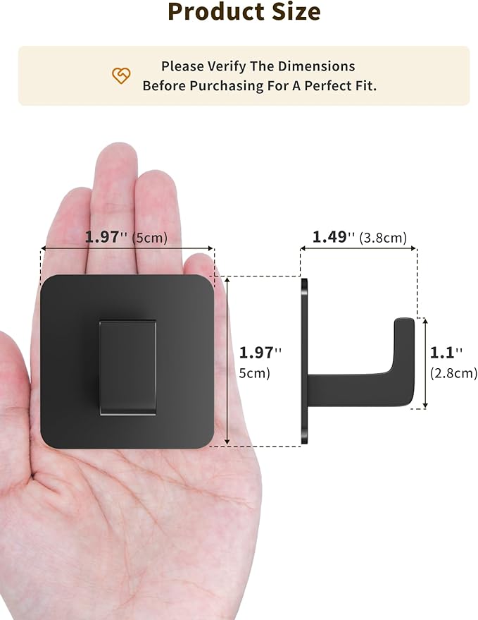 Square Self Adhesive Towel Hooks - 6 Pack Matte Black Metal Hooks, Right-Angle Design for Towels, Robes & Hats, Organize Bathroom, Kitchen, Entryway, Doors, Cabinets on Smooth Surfaces