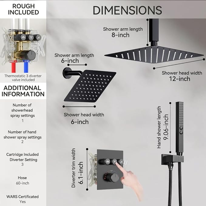 Shower Faucet Set Matte Black Shower System,12" Ceiling Rainfall and 6" Wall Mount Rain Shower with 2 in 1 Handhled, Can Use All at Once, Thermostatic Shower Set with Valve and Trim Kit