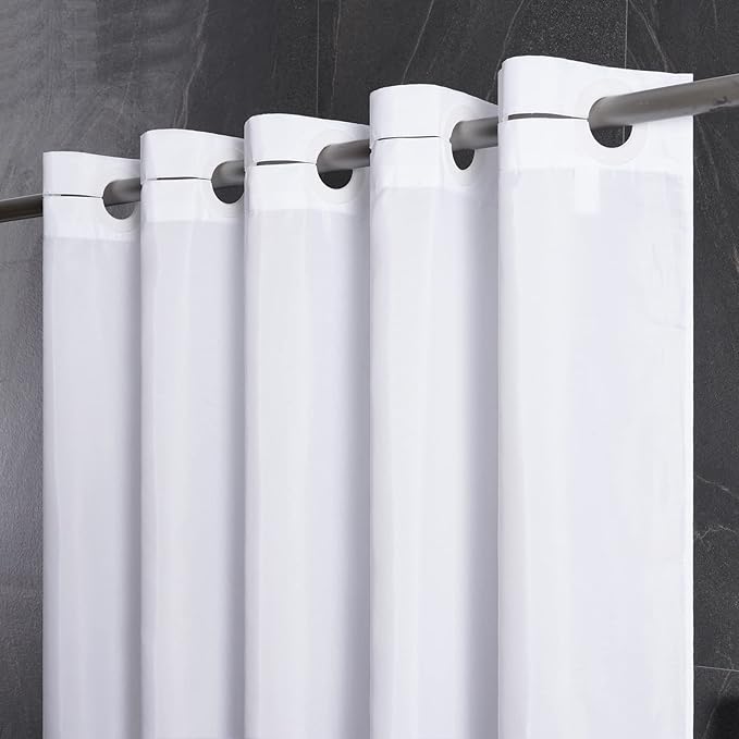 Furlinic Extra Wide No Hook Shower Curtain,96 Inch Width White Fabric Shower Curtains with 12 Plastic Built-in Hooks,Waterproof & Machine Washable Hotel Style for Bathroom,96x72 Inch