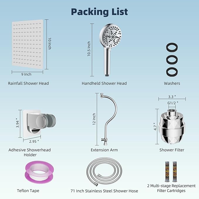 Hibbent All Metal 10'' Dual Filtered Rainfall Shower Head Combo, High Pressure Handheld Shower Head with 12'' Adjustable Curved Extension Arm, 20 Stage Shower Filter, 10-spray, 71'' Hose, Chrome