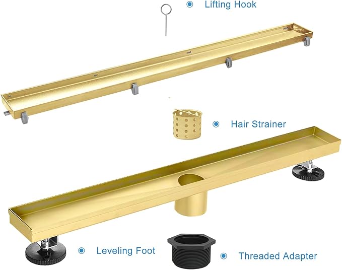 Linear Shower Drain, 18 inch Gold Drain with Tile Insert 2-in-1 Panel, Brushed 304 Stainless Steel Gold Shower Floor Drain, Linear Drain with Hair Strainer and Adjustable Feet