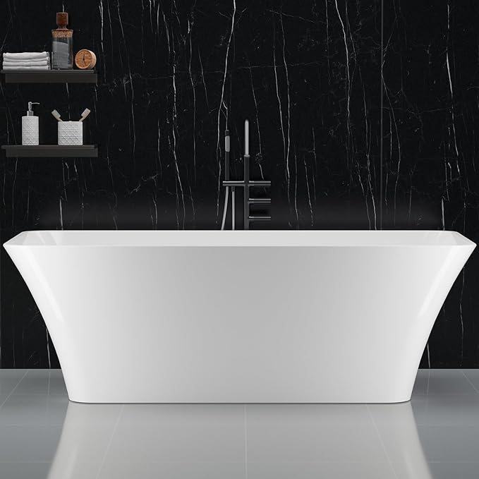 59 Inch Freestanding Bathtub, Modern Acrylic Soaking Bathtub, Ergonomic Deep Tub with Non-Slip Base and Chrome Drain, Standalone Design for Relaxing Bathroom Use, White