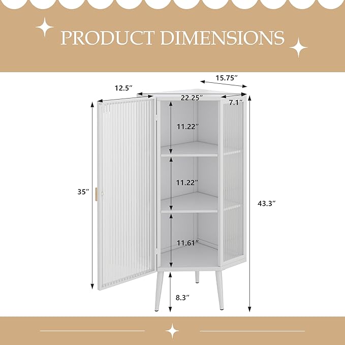 Corner Storage Cabinet with Glass Door, 31" & 43" Freestanding Triangle Floor Cabinet Modern Display Organizer Medicine Cabinets for Bathroom Living Room Bedroom (White, 43')