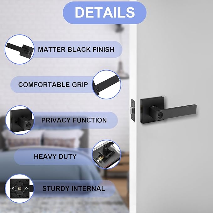 Privacy Door Levers, 6 Pack Matte Black Door Handles, Bed and Bath Door Locksets Heavy Duty Keyless Interior Handles, Reversible for Left Right Handed Doors