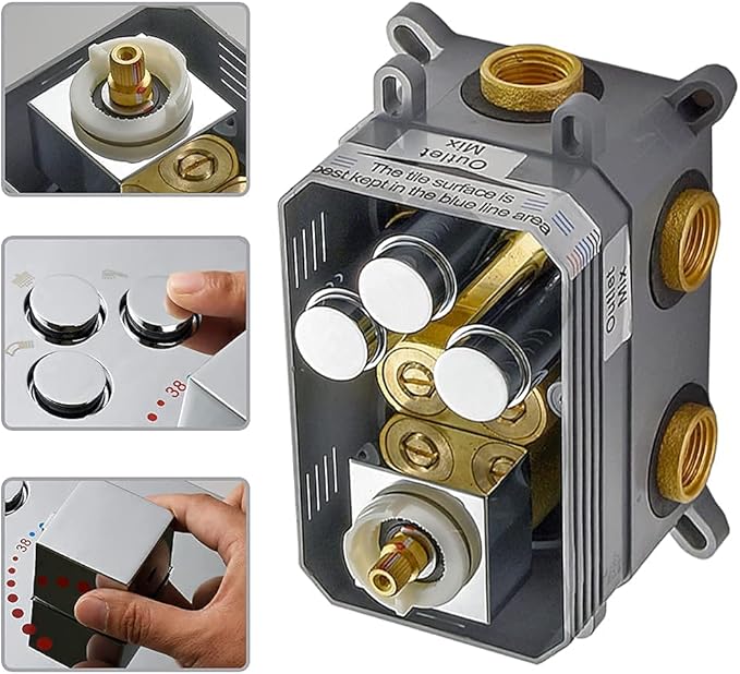3-Function Brass Shower Diverter Thermostatic Valve Pressure Balanced Mixer with Trim in Polished Chrome,Can Use All Function At a Time