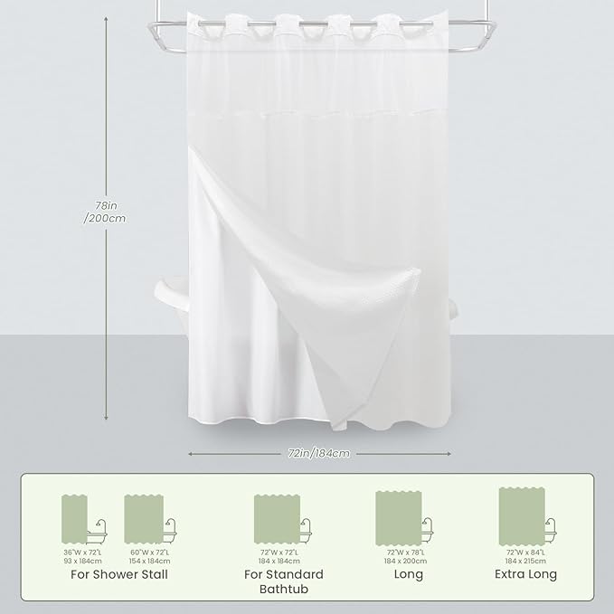 Inhousolu Long No Hook Shower Curtain with Snap in Fabric Liner Set Waffle Weave 230GSM Weighted Hem, Waterproof & Washable Bathroom Curtain Spa Luxury with Mesh Top Window 72" W x 78" L White