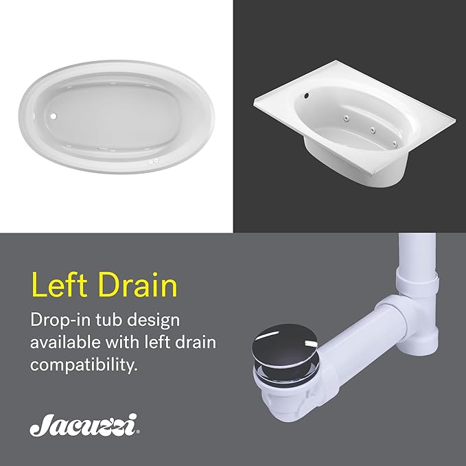 Jacuzzi SIGNATURE Acrylic Drop-In Bathtub, Jet Massage Tub, Slip Resistant, Left Drain Placement, 59" (L) x 41" (W), Oval, Oyster